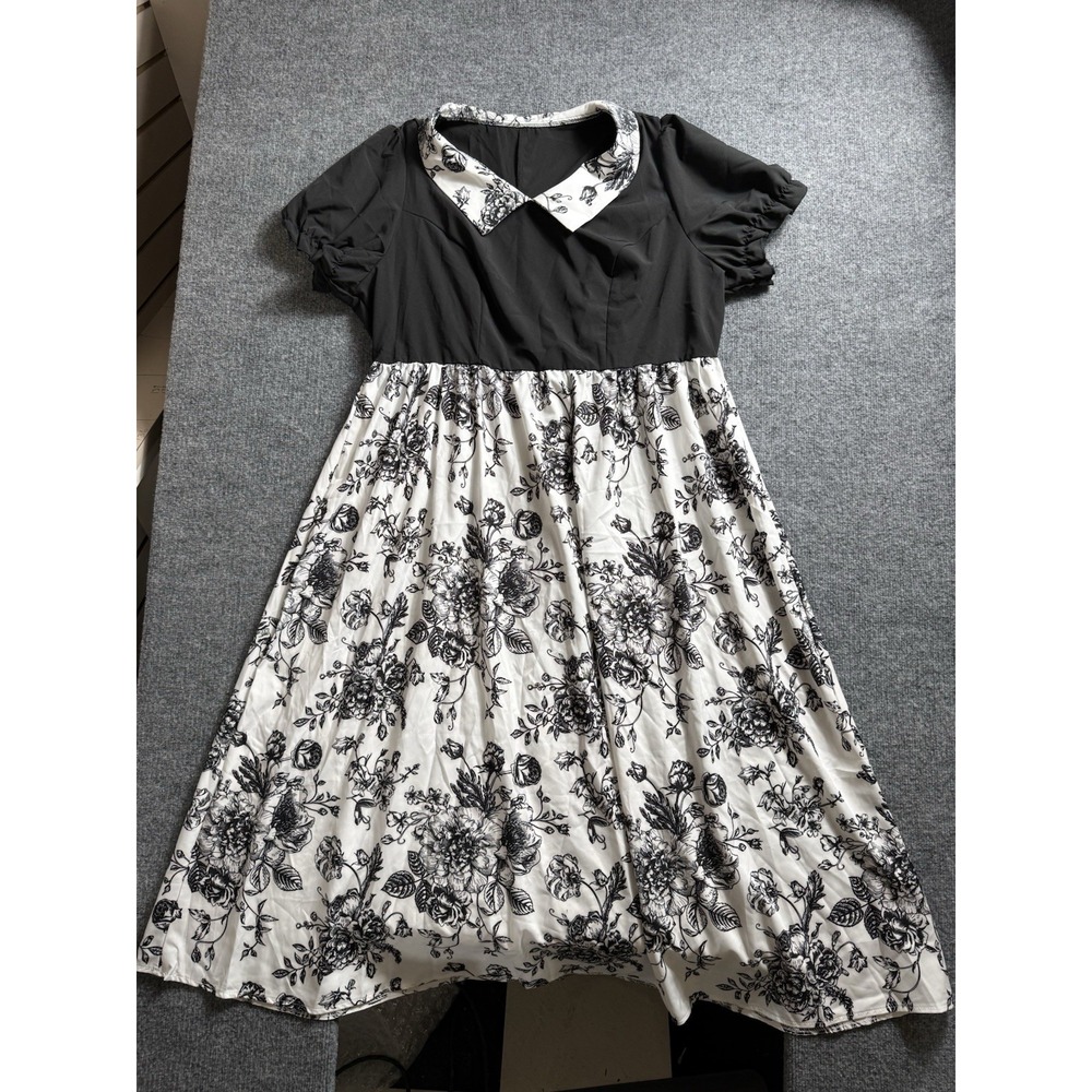 Black White Floral Dress Peter Pan Collar Short Sleeve Vintage Retro Style 3X